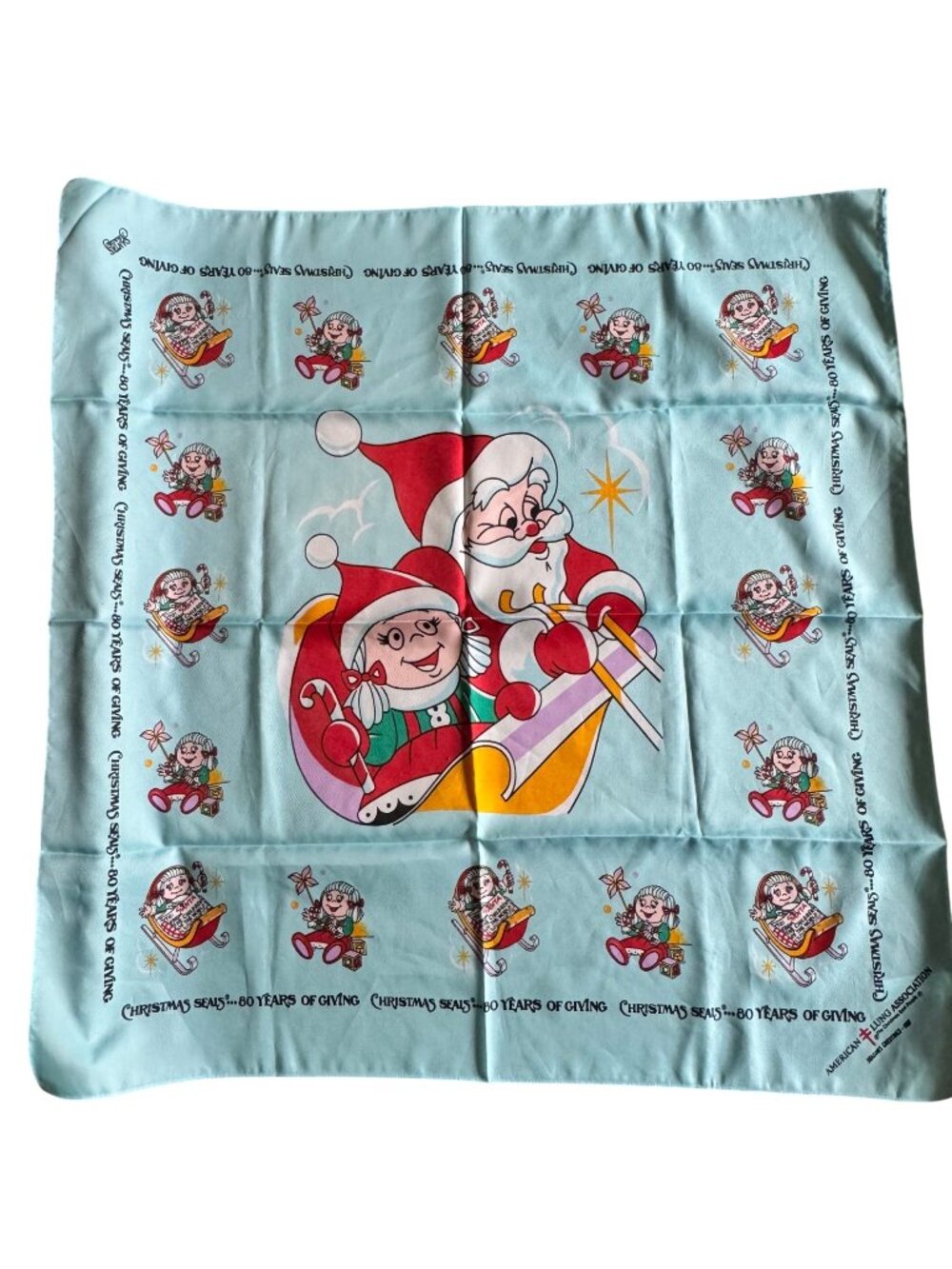 Vtg 80s American Lung Association ALA Christmas Seals SANTA Bandana Scarf Blue
